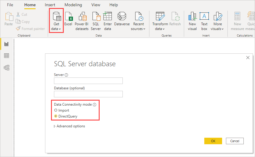 Opciones de importación y DirectQuery, cuadro de diálogo Base de datos de SQL Server, Power BI Desktop