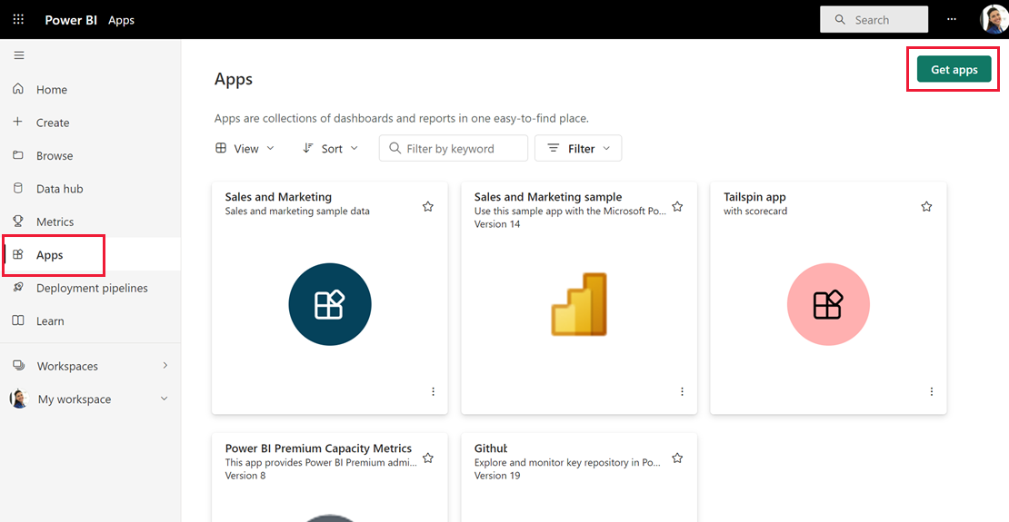 Screenshot of the Power BI apps page with get apps highlighted.