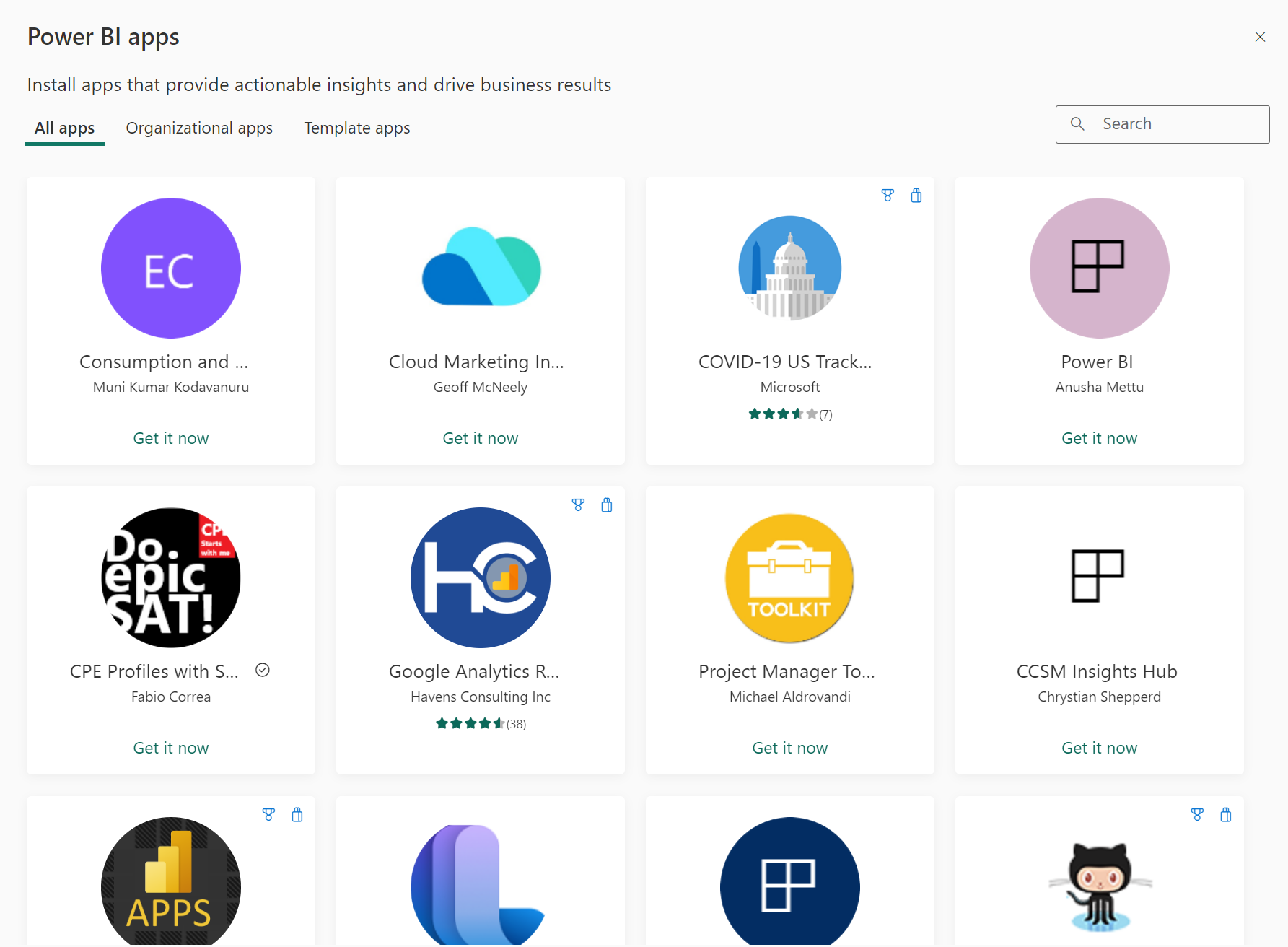 Captura de pantalla del marketplace de aplicaciones de Power BI.