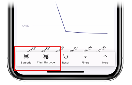 Captura de pantalla que muestra el icono de código de barras activo en la barra de acciones del informe, lo que indica que el filtro de código de barras está activo.