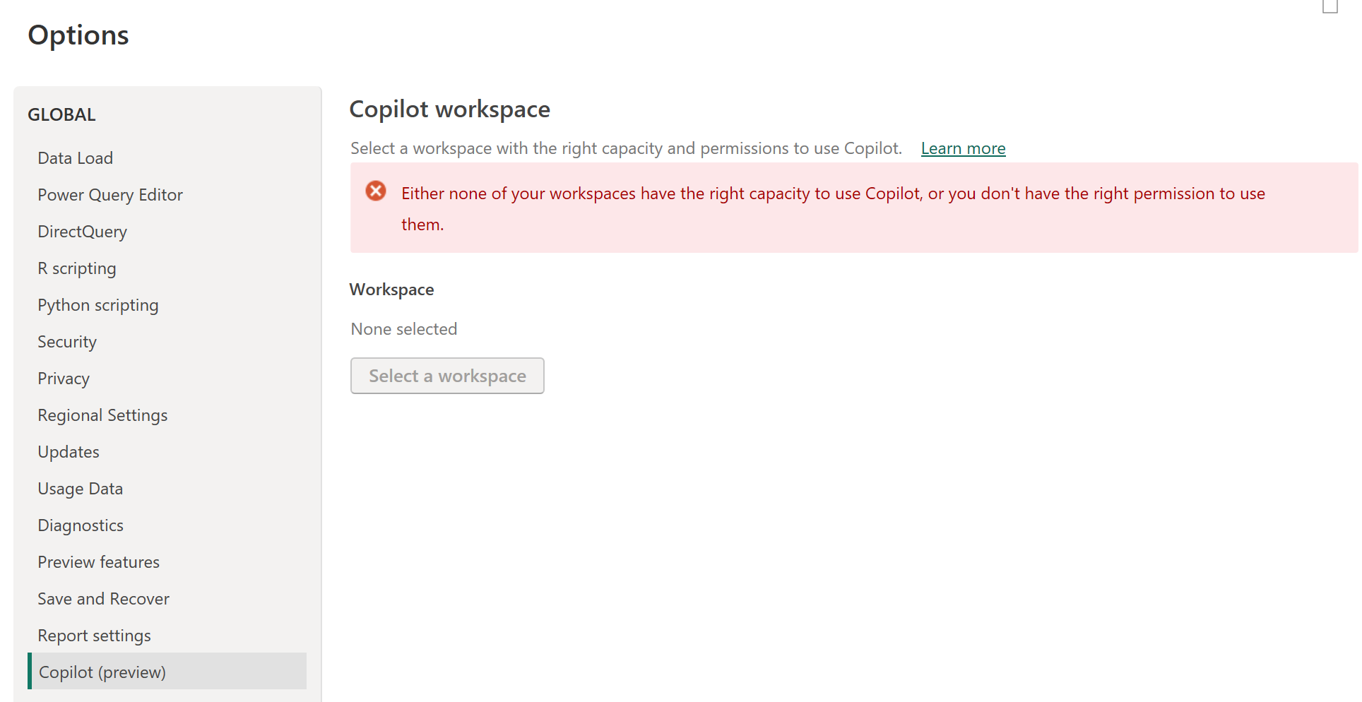 Captura de pantalla de la configuración de Copilot con el mensaje de error: Ninguna de las áreas de trabajo tiene la capacidad adecuada para usar Copilot, o no tiene el permiso adecuado para su uso.