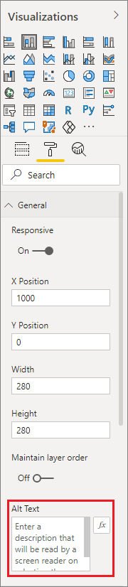 Screenshot of the Visualizations pane, highlighting the Alt text box.