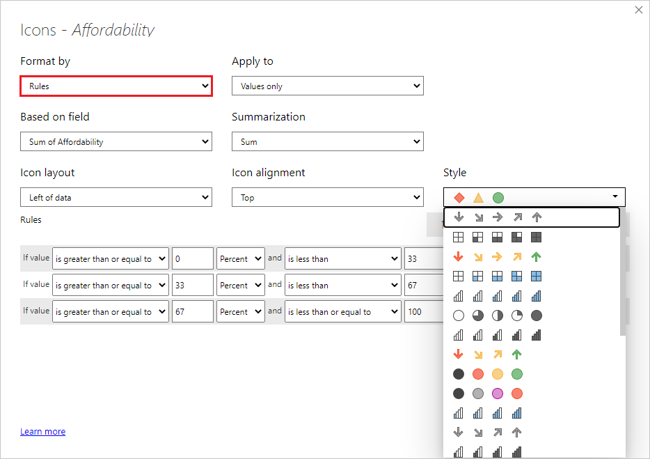 Dialog of icons: format style is set to Rules. Available icons are shown under the Style dropdown.