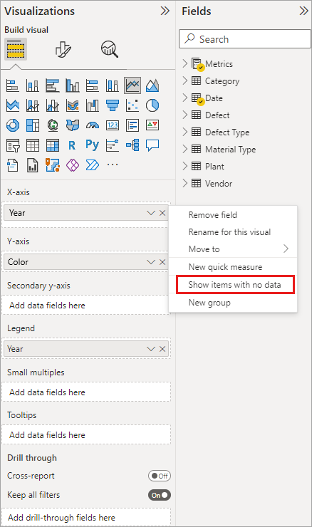 Screenshot of the Visualizations menu, highlighting the Show items with no data within the X-axis dropdown menu.