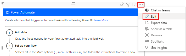 Captura de pantalla en la que se muestra Editar seleccionado en el objeto visual de Power Automate.