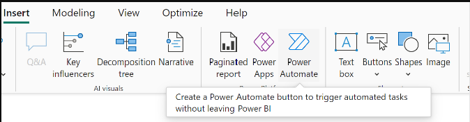 Captura de pantalla de la selección del icono de Power Automate en la cinta insertar.