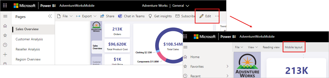 Captura de pantalla del botón de diseño móvil en el servicio Power BI.