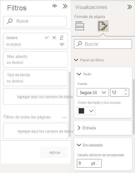 Screenshot of the Filters pane, Format the Apply filter button text.