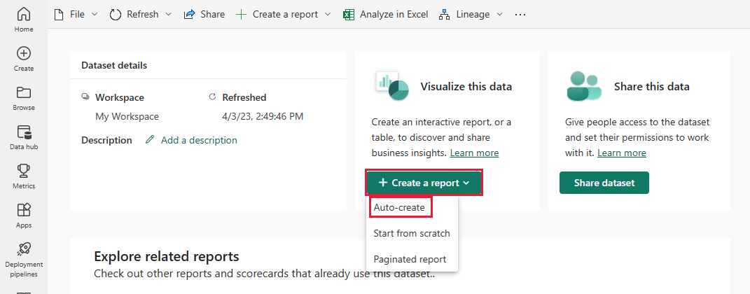 Captura de pantalla que muestra el elemento de menú Creación automática de informe.