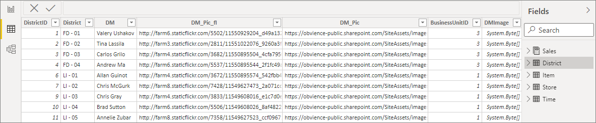 Captura de pantalla que muestra la vista de datos en Power BI Desktop.