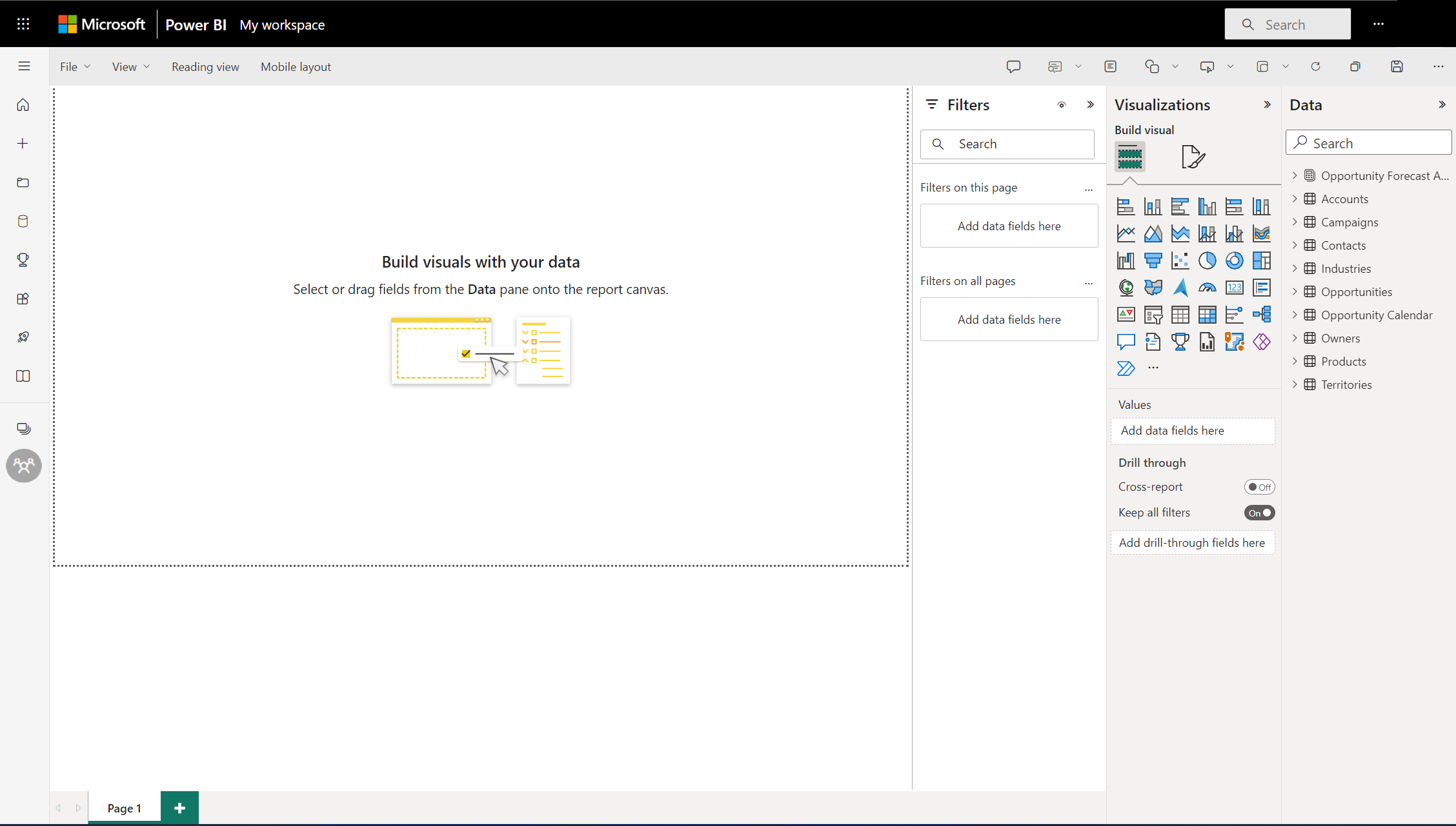 Captura de pantalla del editor de informes del servicio Power BI.