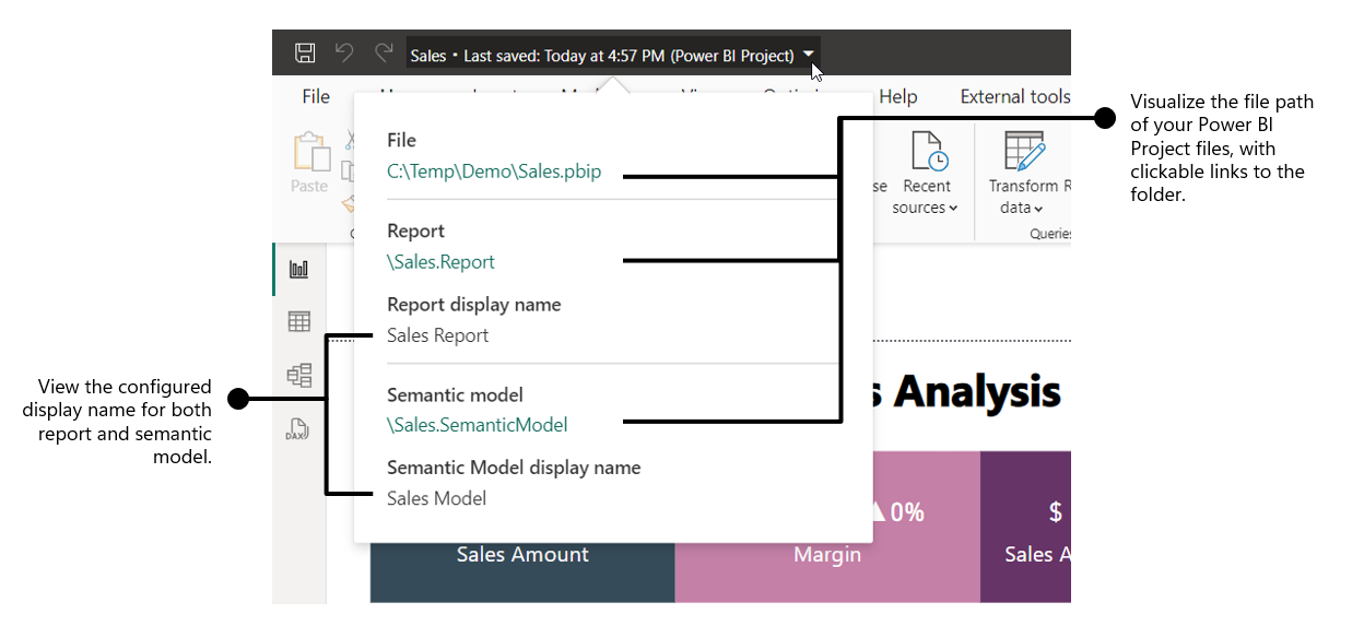 Captura de pantalla que muestra el control flotante del título de Power BI Desktop.