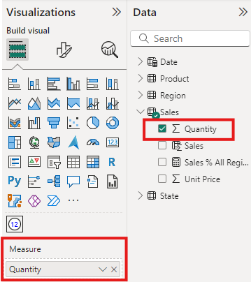 Captura de pantalla del campo Measure de Circle Card, en el panel de visualización del servicio Power BI.