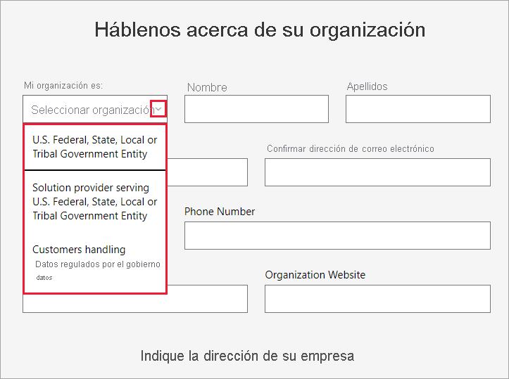 Screenshot showing a portion of the organization information form. The organization type menu is expanded, and the options are highlighted.