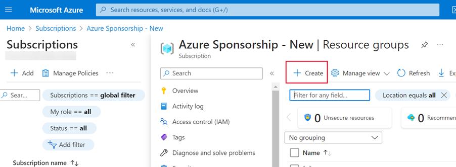 Captura de pantalla de Azure Portal que muestra el panel del grupo de recursos. Crear está resaltado.