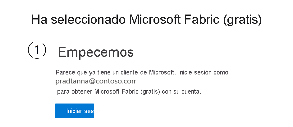 Captura de pantalla del servicio Power BI que muestra que Microsoft reconoce el correo electrónico.