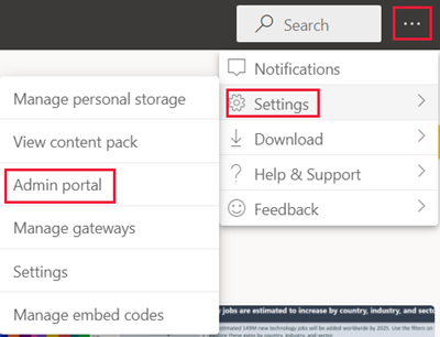 Settings menu with admin portal selected.