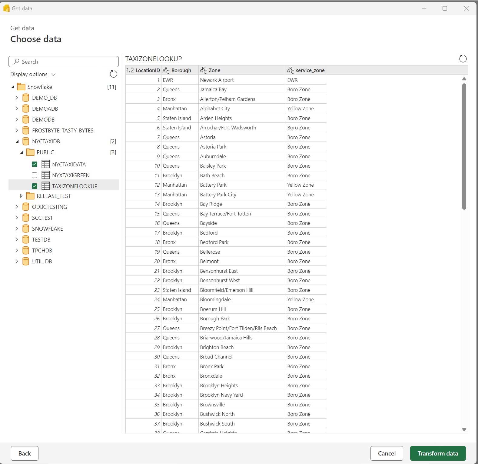 Captura de pantalla que muestra Seleccione las tablas que desee usar en el informe y seleccione Transformar datos.