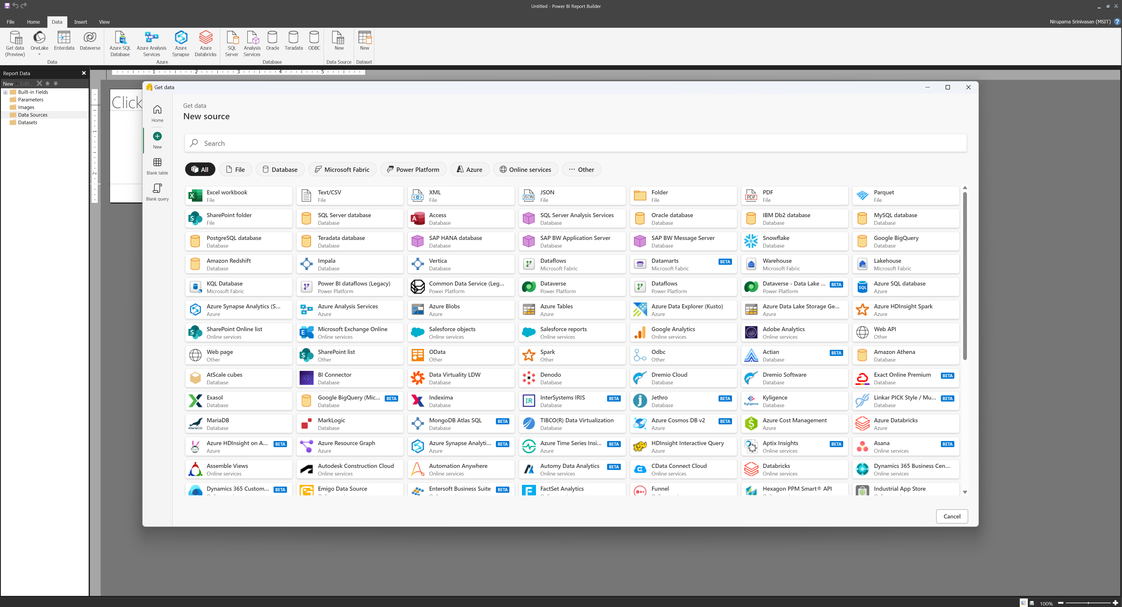 Captura de pantalla que muestra la selección de un origen de datos.
