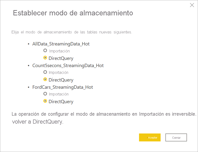 Captura de pantalla que muestra el modo de almacenamiento seleccionado para flujos de datos de streaming en Power&nbsp;BI Desktop.