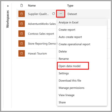 Captura de pantalla de la apertura del modelo de datos desde la lista de contenido del centro de datos.