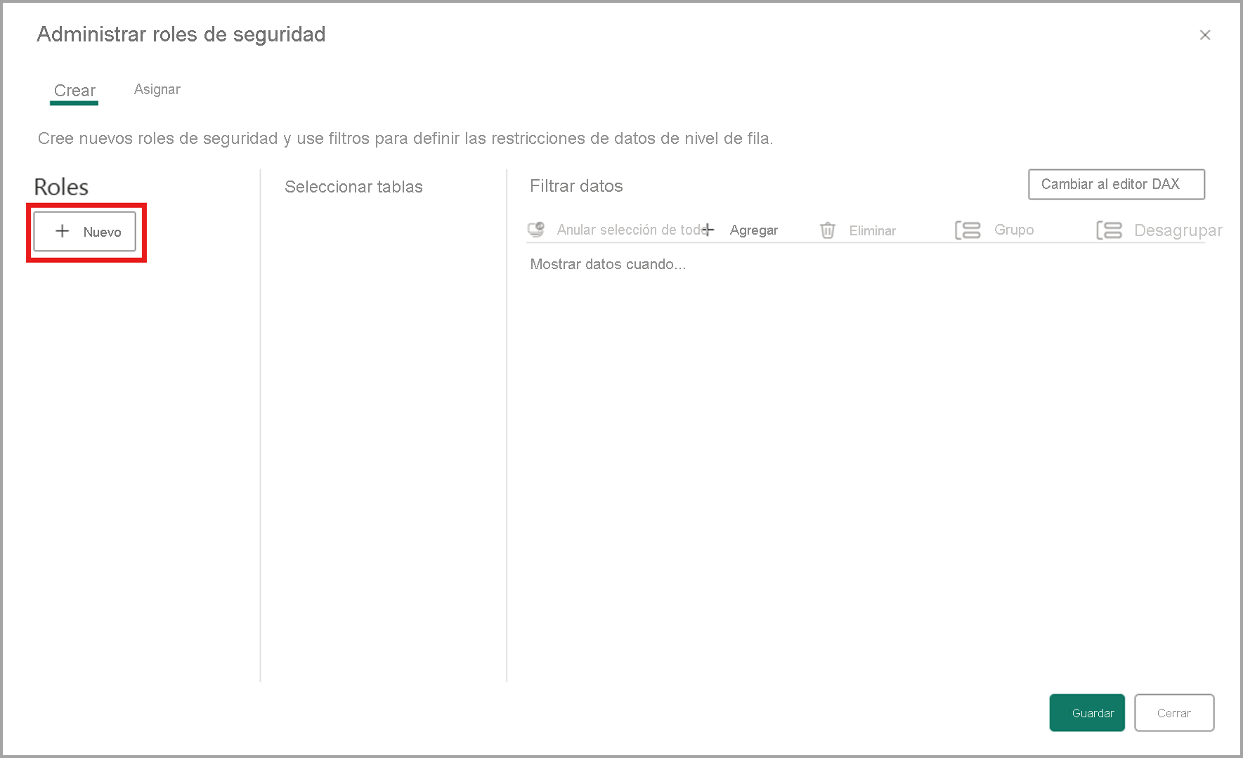 Captura de pantalla de seleccionar nuevos en administración de roles de seguridad.