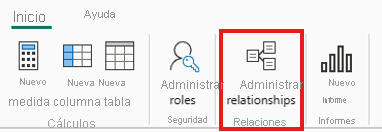 Captura de pantalla del punto de entrada de la cinta de opciones administrar relaciones.