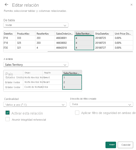 Captura de pantalla de la edición de propiedades de una relación existente desde el cuadro de diálogo Administrar relaciones.