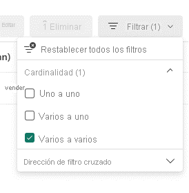 Captura de pantalla de las relaciones de filtrado que se muestran en la lista de relaciones dentro del cuadro de diálogo administrar relaciones.