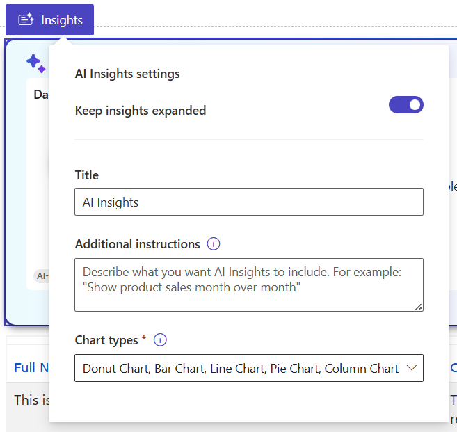 Captura de pantalla que muestra la configuración de AI Insights de la pestaña **Percepciones**.