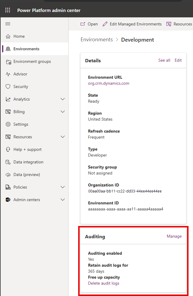 Captura de pantalla que muestra dónde aparece un mosaico de Auditoría para el nuevo almacenamiento.