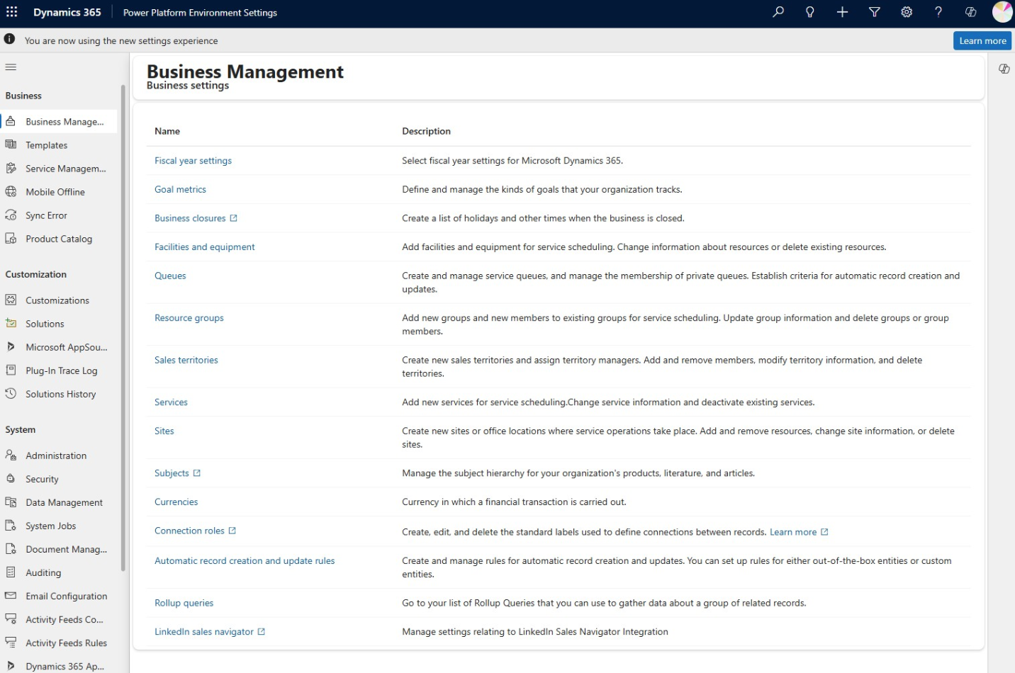 Captura de pantalla de la aplicación de Configuración de entorno de Power Platform.