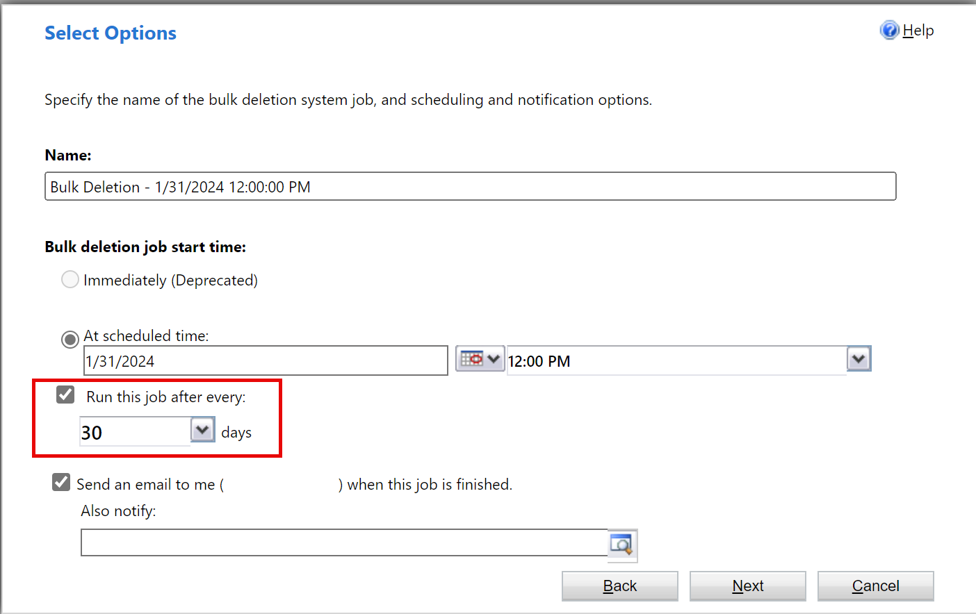 Captura de pantalla que muestra dónde se encuentra la casilla Ejecutar este trabajo cada.