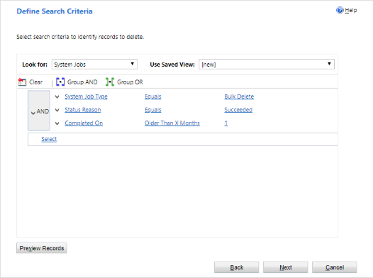 Captura de pantalla que muestra dónde se encuentra la opción Grupo Y en la ventana Definir criterios de búsqueda.