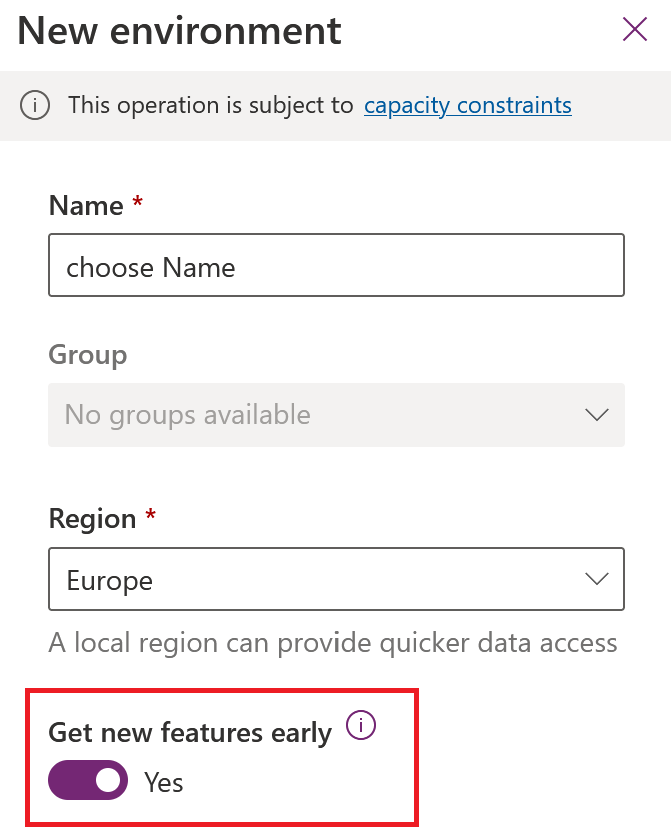 Captura de pantalla del cuadro de diálogo Nuevo entorno con la opción **Obtener nuevas características pronto** resaltada.