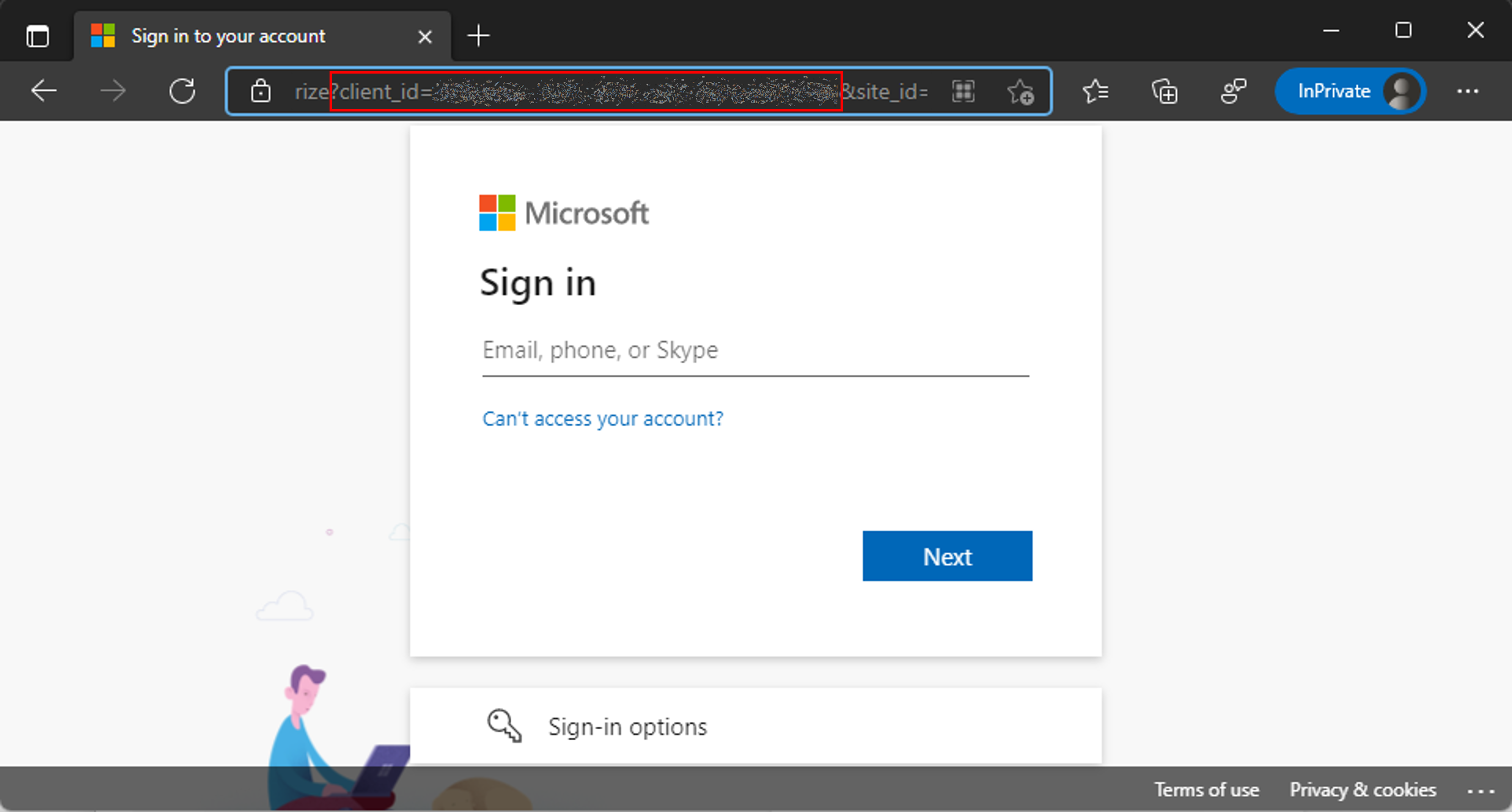 Captura de pantalla de la página de inicio de sesión de la organización Azure DevOps, con el parámetro client_id en la URL resaltada.