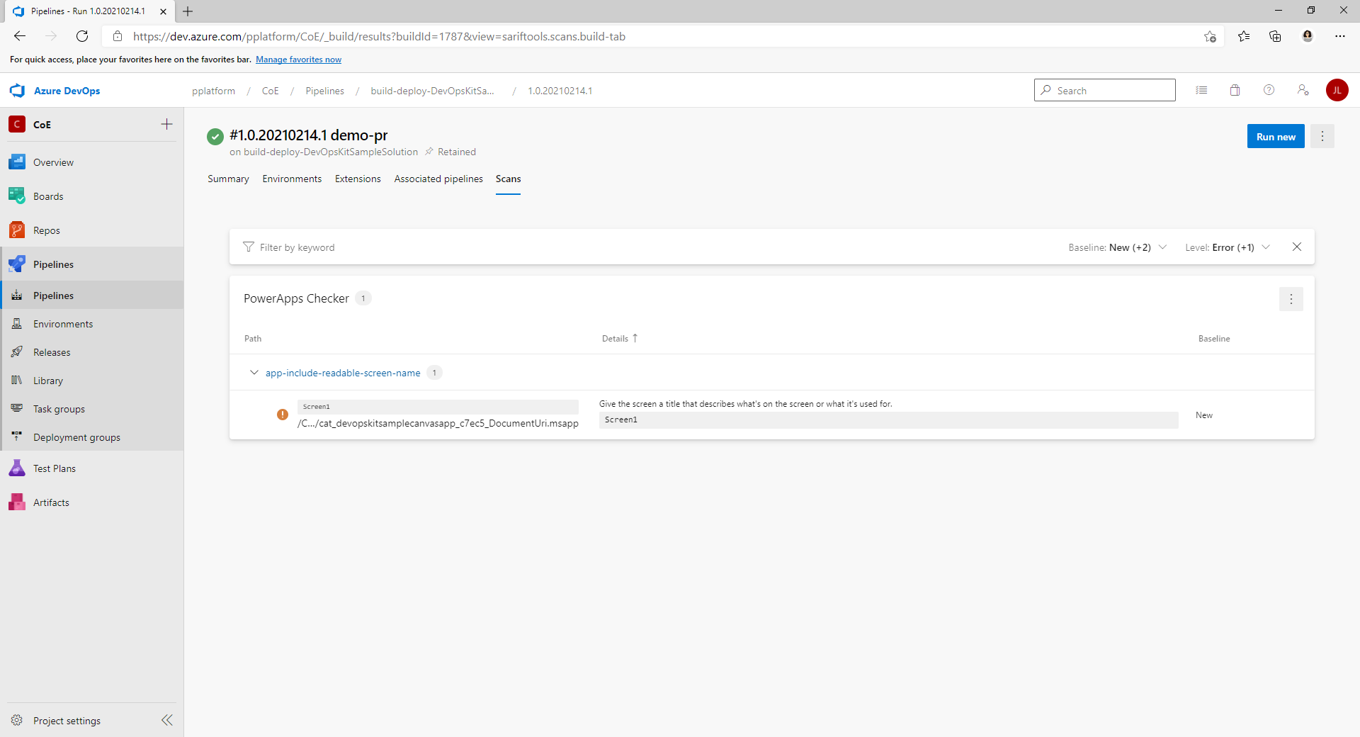 Captura de pantalla de la pestaña de escaneos SARIF SAST en Azure DevOps.
