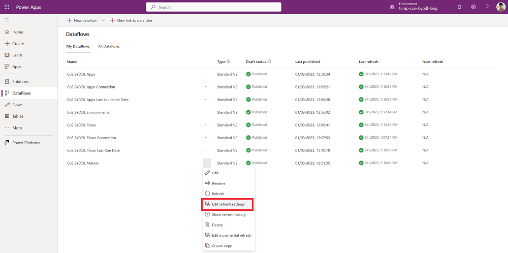 Editar configuración de actualización para el flujo de datos Creadores CoE BYODL.