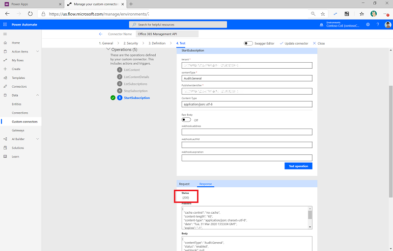 Estado correcto que se devuelve de la actividad StartSubscription.