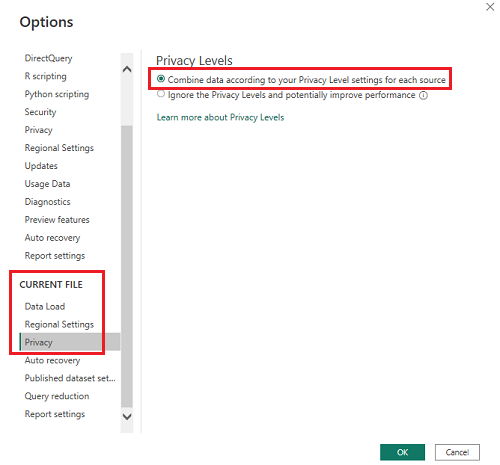 Establezca el nivel de privacidad en: Combinar los datos de acuerdo con su configuración de Nivel de privacidad para cada origen de datos.