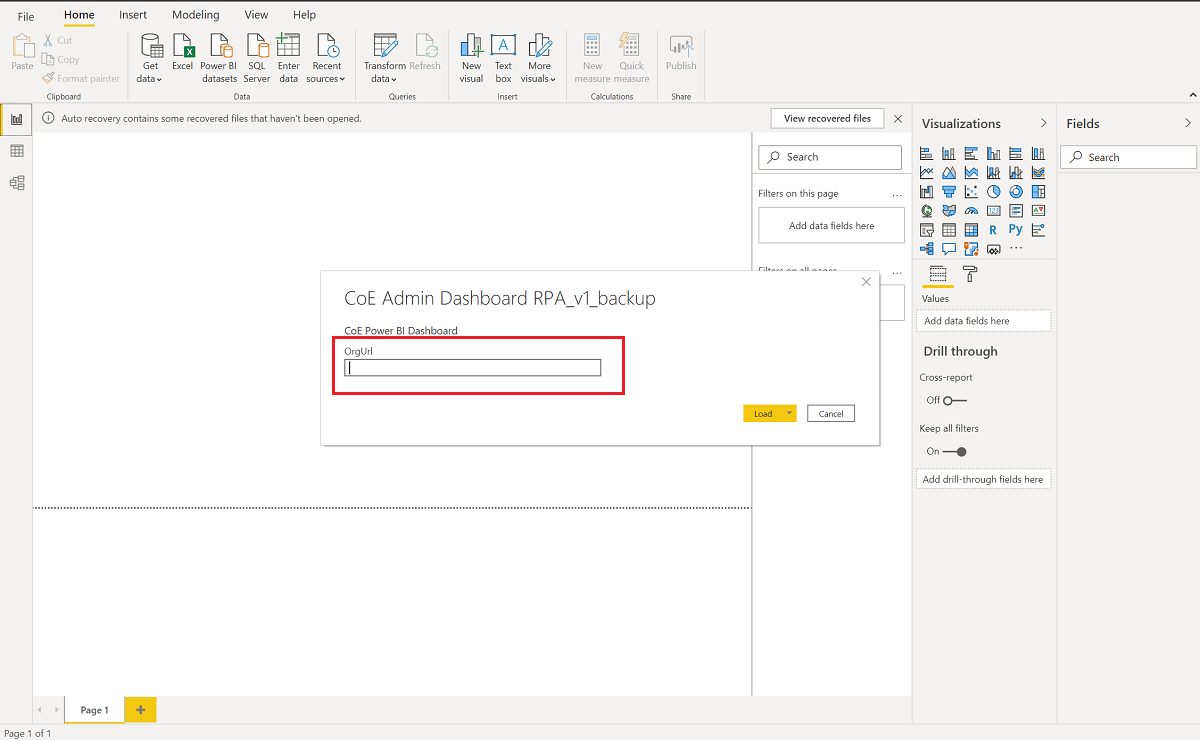 Introduzca OrgUrl para configurar el panel de Power BI.