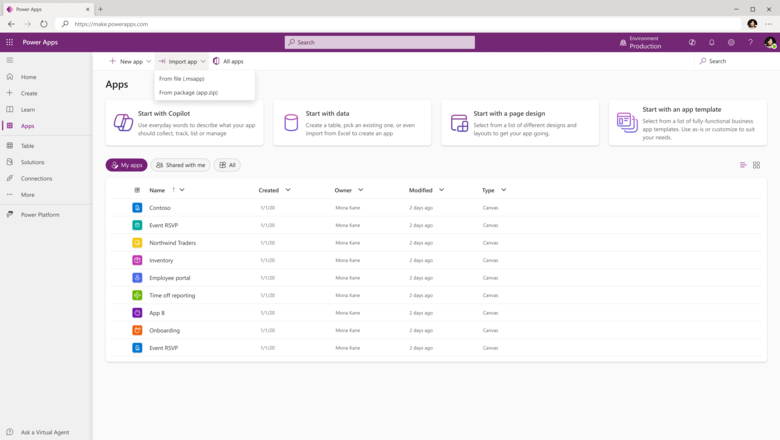 Punto de entrada para abrir archivos .msapp directamente desde Power Apps.