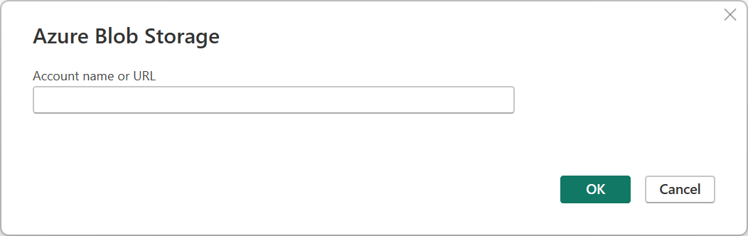 Captura de pantalla del cuadro de diálogo Azure Blob Storage donde se introduce el nombre de la cuenta o la dirección URL.