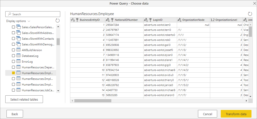 El navegador de Power Query Online muestra los datos de los empleados de recursos humanos.