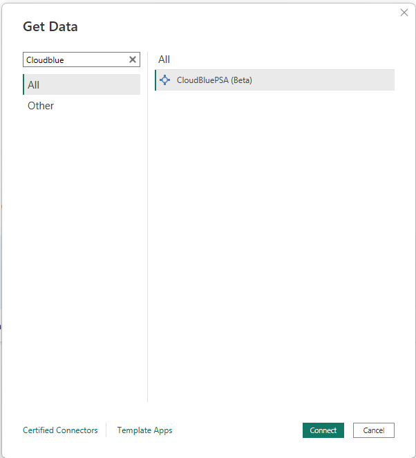 Captura de pantalla del cuadro de diálogo Obtener datos de CloudBluePSA.