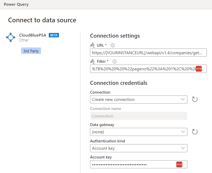Captura de pantalla que muestra cómo completar la opción Conectarse al origen de datos.