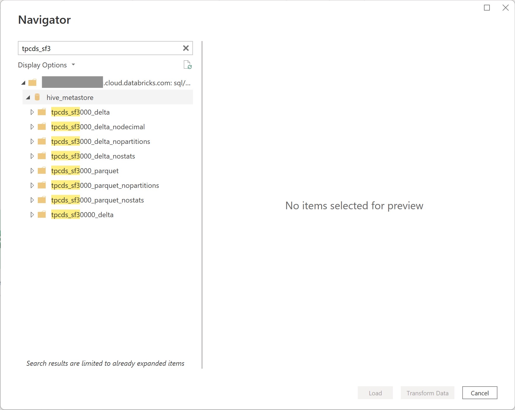 Imagen del navegador de Power Query que carga datos de la nube de Databricks en la aplicación de escritorio.