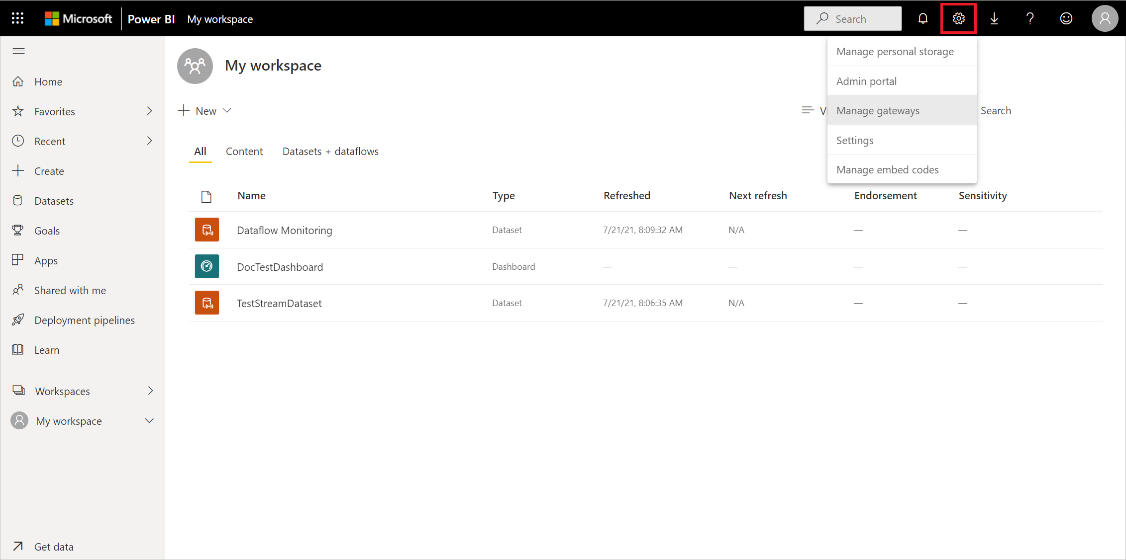 Imagen del servicio Power BI abierto, el icono de engranaje seleccionado y el menú Administrar puertas de enlace con Administrar puertas de enlace resaltado.
