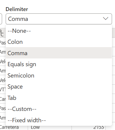 Captura de pantalla de la selección del delimitador para un archivo CSV.