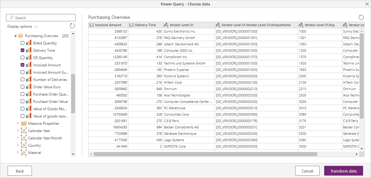 Vista del navegador del servidor de mensajes de SAP BW desde Power Query Online.